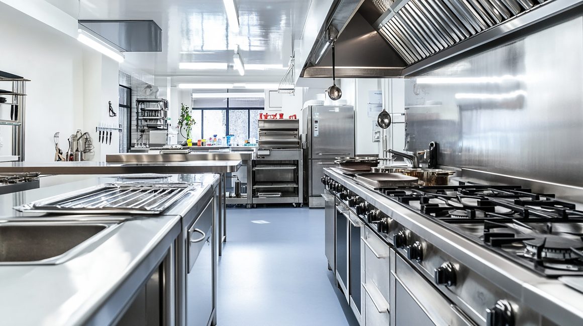Cuisine professionnelle aménagée avec grands plans de travail, plaques de cuisson et hottes puissantes