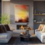 Salon moderne : deux canapés gris, plantes, cheminée, grandes baies vitrées avec déco toile murale