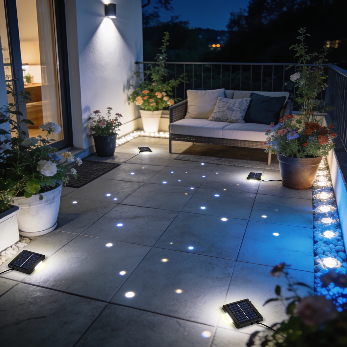 Terrasse aménagée avec canapé deux places, plantes, dalles lumineuses et applique murale
