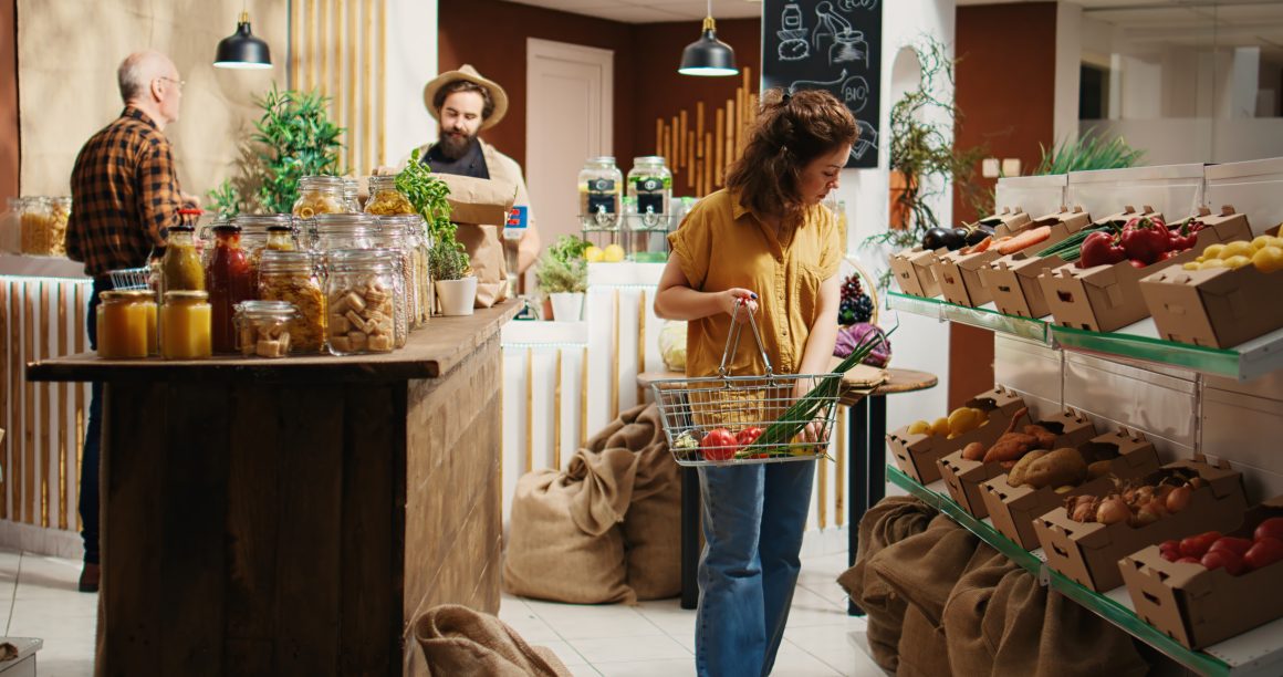 Agencement d'une épicerie fine avec comptoirs en bois à gauche et au centre et étals de légumes à droite