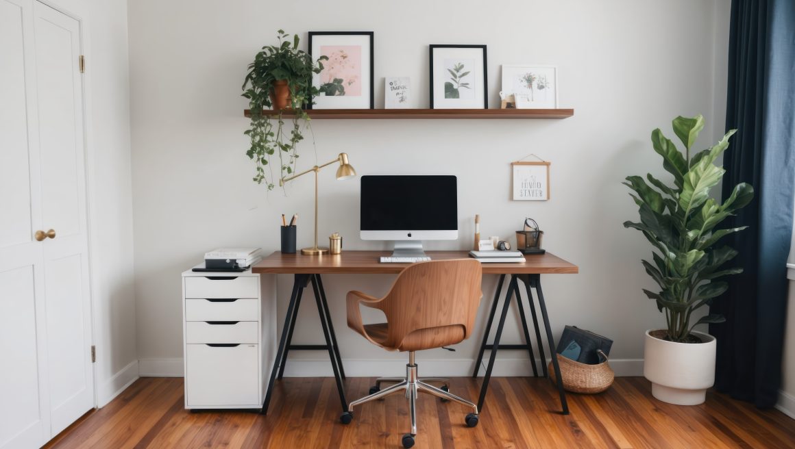 Espace de travail à domicile aménagé avec bureau en bois, lampe, chaise ergonomique, plantes et étagère murale