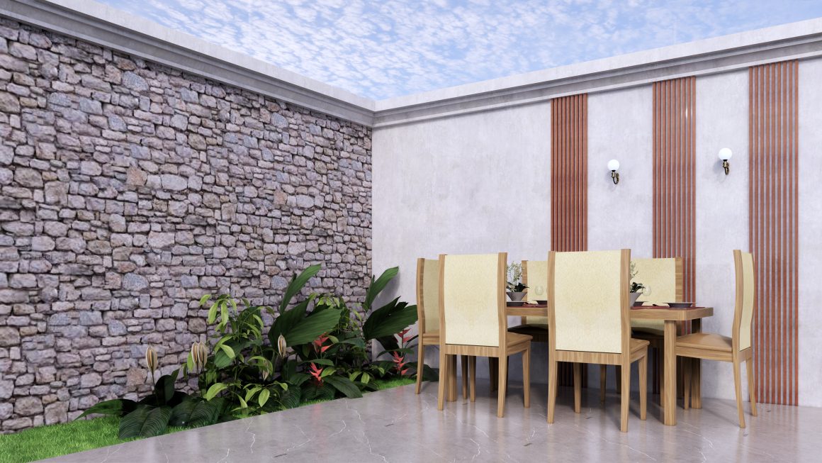 Coin repas extérieur élégant : mur en pierre, table en bois, chaises, plantes et éclairage mural