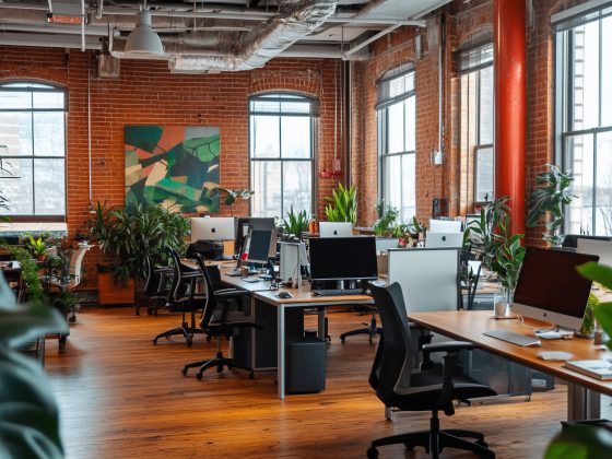 Idée aménagement bureau professionnel dans loft en briques avec plantes abondantes, rangées de bureaux et ordinateurs