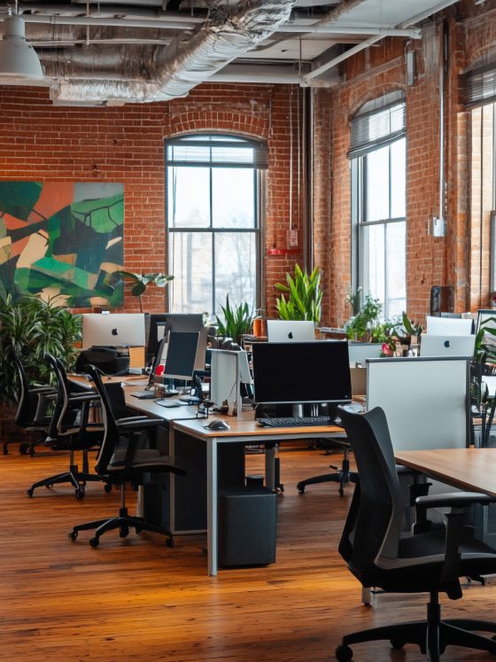 Idée aménagement bureau professionnel dans loft en briques avec plantes abondantes, rangées de bureaux et ordinateurs