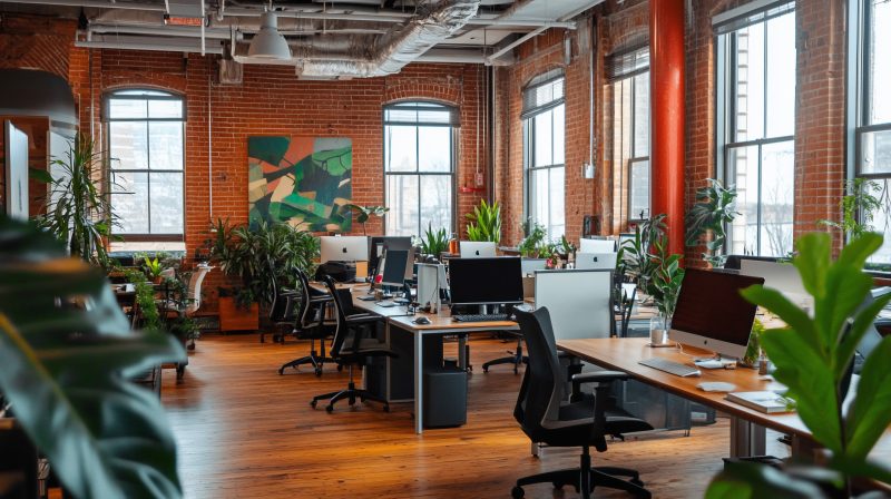 Idée aménagement bureau professionnel dans loft en briques avec plantes abondantes, rangées de bureaux et ordinateurs