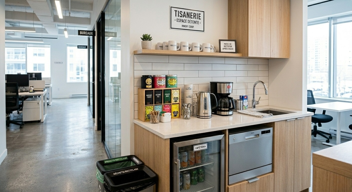 Aménagement cuisine entreprise en open-space avec éléments de rangement en bois, machine à café, frigo et évier