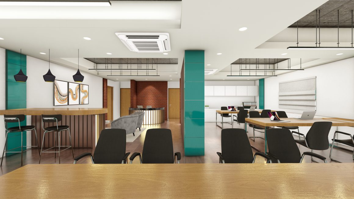 Bureau professionnel aménagé avec tables en bois, chaises, piliers turquoise, coin café et sièges confortables