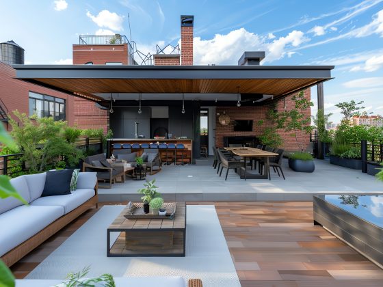Terrasse de toit contemporaine : salon dehors, salle à manger, bar et verdure luxuriante