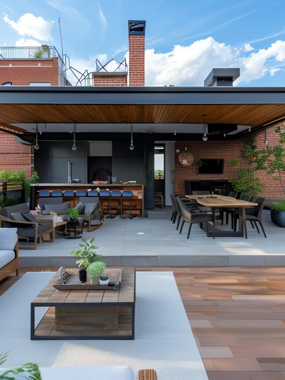Terrasse de toit contemporaine : salon dehors, salle à manger, bar et verdure luxuriante