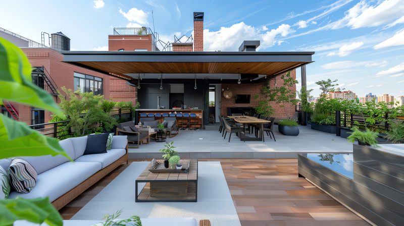 Terrasse de toit contemporaine : salon dehors, salle à manger, bar et verdure luxuriante