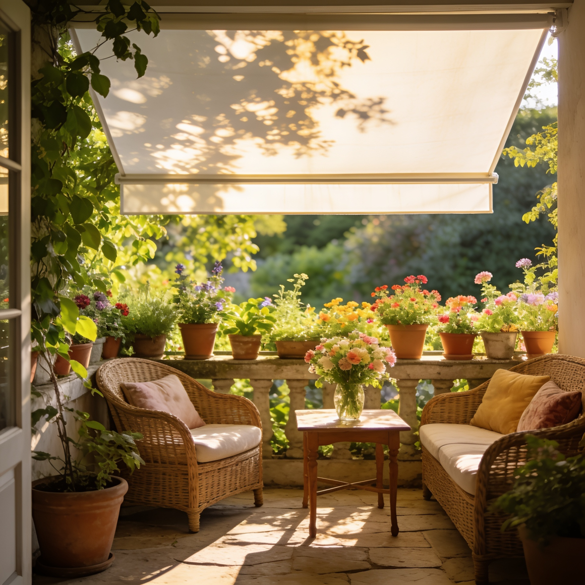 Terrasse ensoleillée incluant fauteuils en rotin, fleurs, auvent léger et jardin verdoyant en fond.