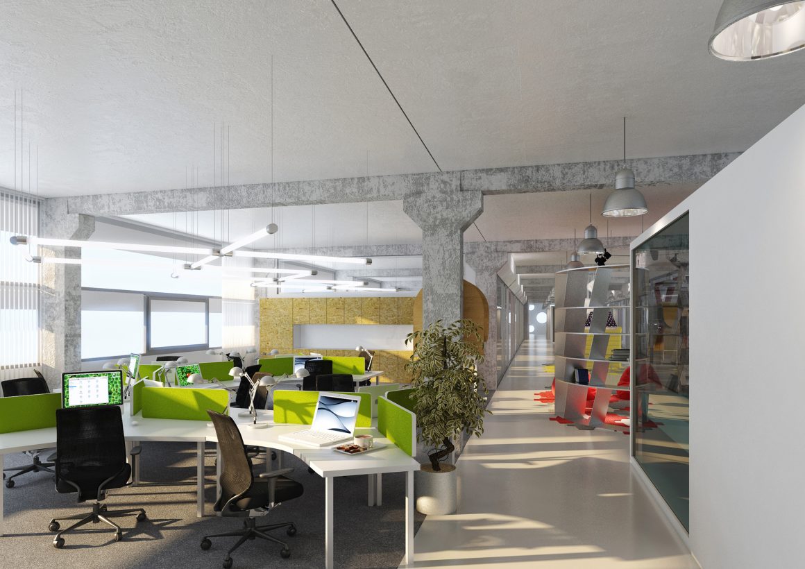 Grand espace de bureau moderne avec lumière naturelle, mobilier ergonomique, béton apparent et plantes