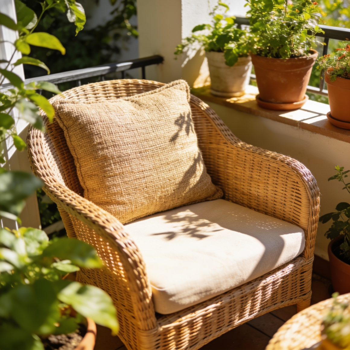 Coin extérieur incluant un fauteuil en osier avec coussin crème et plantes