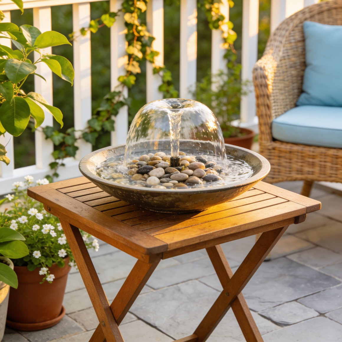 Fontaine de table avec galets, plantes vertes et fauteuil en rotin dans une petite terrasse