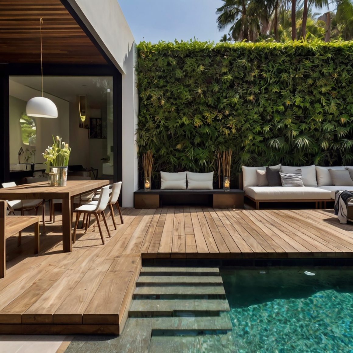 Terrasse moderne en bois avec piscine, mur végétal luxueux et mobilier en bois