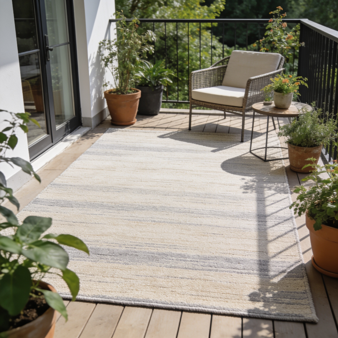 Balcon ensoleillé avec fauteuil en rotin, plantes et tapis rayé crème et gris