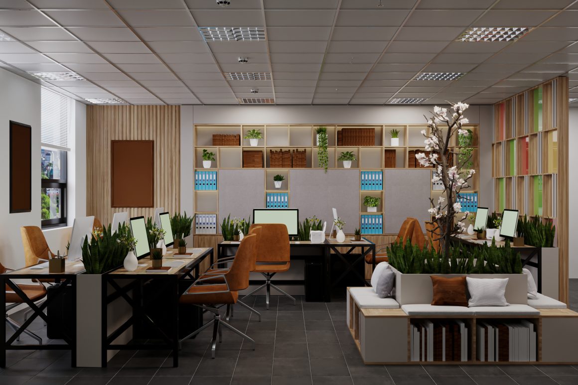 Idées décoration bureau professionnel incluant plantes abondantes, étagères et coin détente avec coussins
