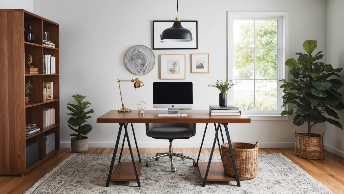Bureau lumineux avec mobilier en bois, chaise noire, plante, tapis, lampe dorée et cadres