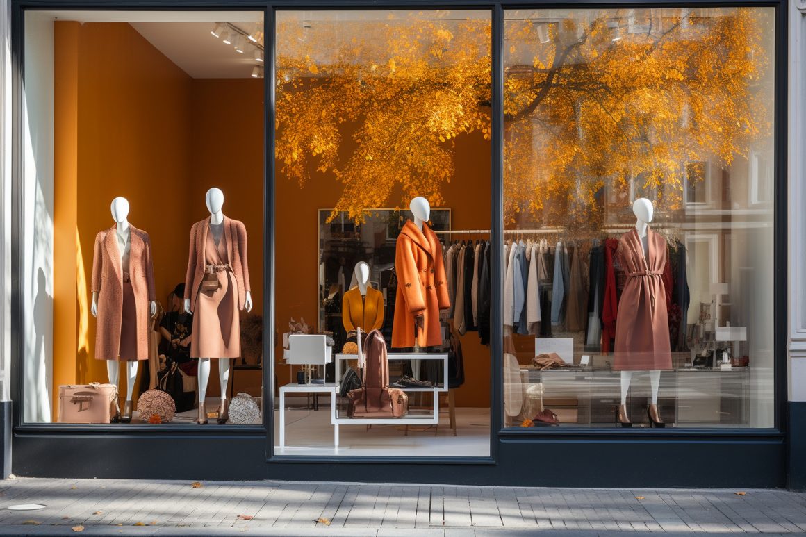 Vitrine d'une boutique incluant mannequins habillés des manteaux chics avec décor chaleureux