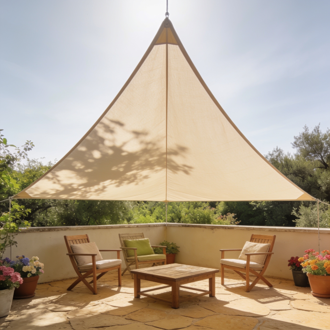 Terrasse avec voile d'ombrage, table en bois, fauteuils et plantes