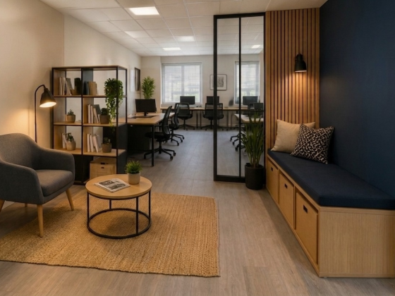 Coin détente avec fauteuil, table basse, étagère, banquette, plantes et espace bureau vitré