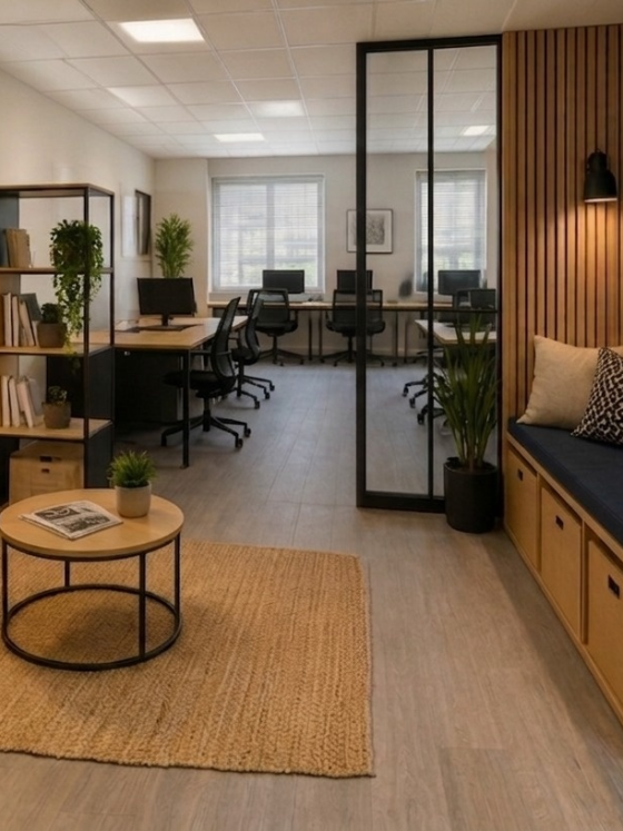 Coin détente avec fauteuil, table basse, étagère, banquette, plantes et espace bureau vitré
