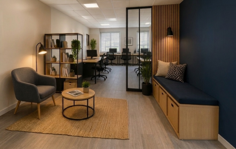 Coin détente avec fauteuil, table basse, étagère, banquette, plantes et espace bureau vitré