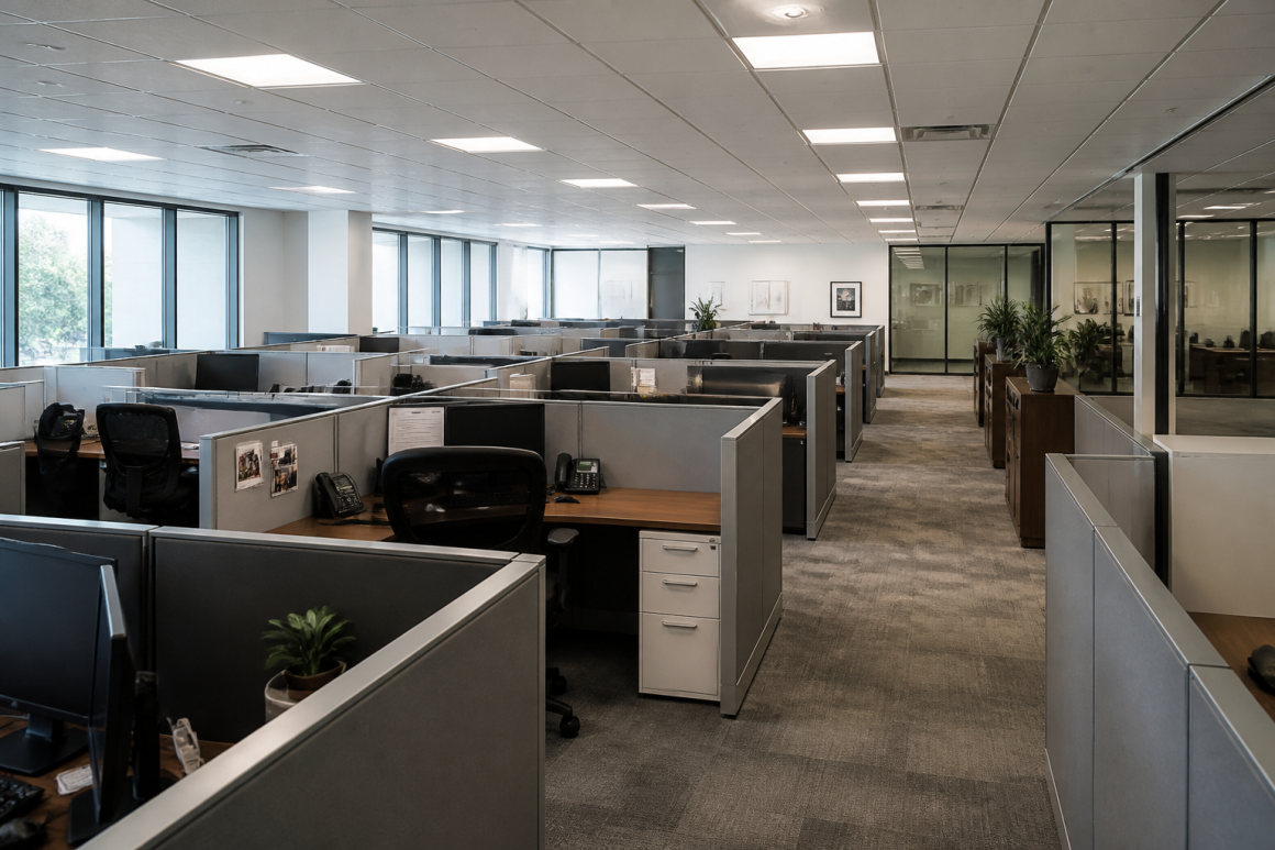 Open space d'une entreprise incluant bureaux en bois avec cloisons grises