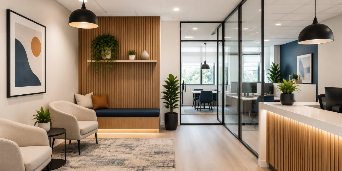Petit bureau professionnel avec espace d'accueil, plantes, cloisons vitrées et éclairage doux