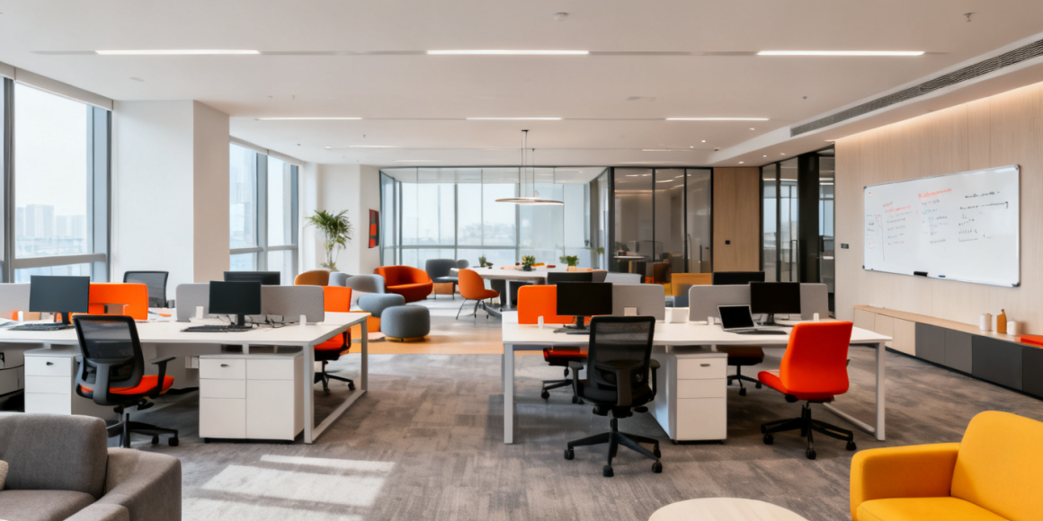 Aménagement open space avec bureaux blancs, chaises, zones détente et grandes baies vitrées