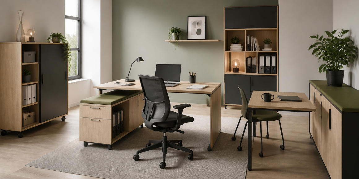 Aménagement bureau professionnel petit espace avec mobilier modulable en bois, rangements ouverts et plantes