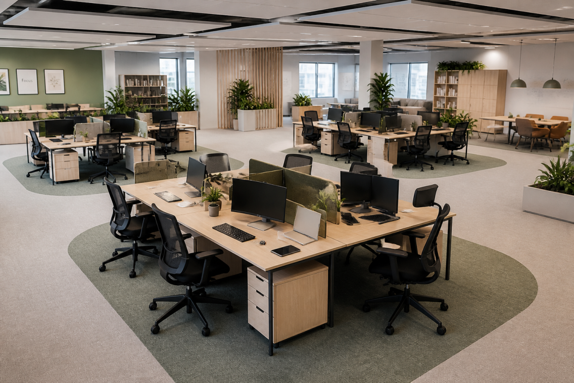 Grand bureau open-space aménagé avec bureaux en bois, tiroirs et étagères de rangement et plantes