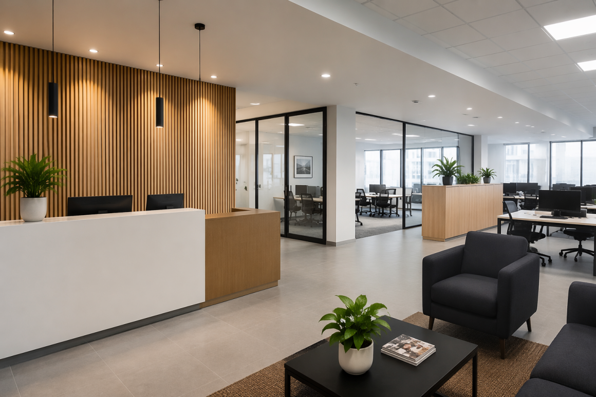 Espace d'accueil d'une entreprise incluant réception en bois, fauteuils avec open space vitré