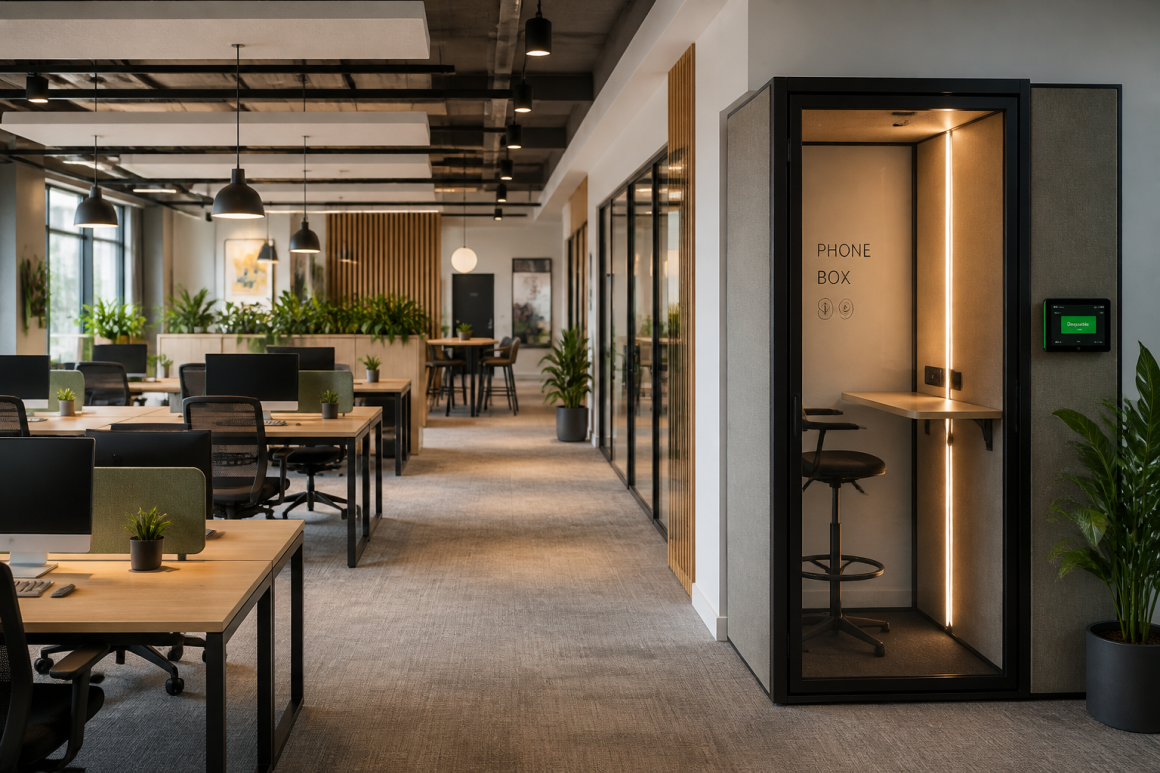 Aménagement bureau open space moderne avec bureaux partagés, cabines téléphoniques privées et plantes