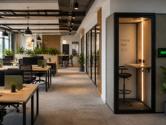 Aménagement bureau open space moderne avec bureaux partagés, cabines téléphoniques privées et plantes