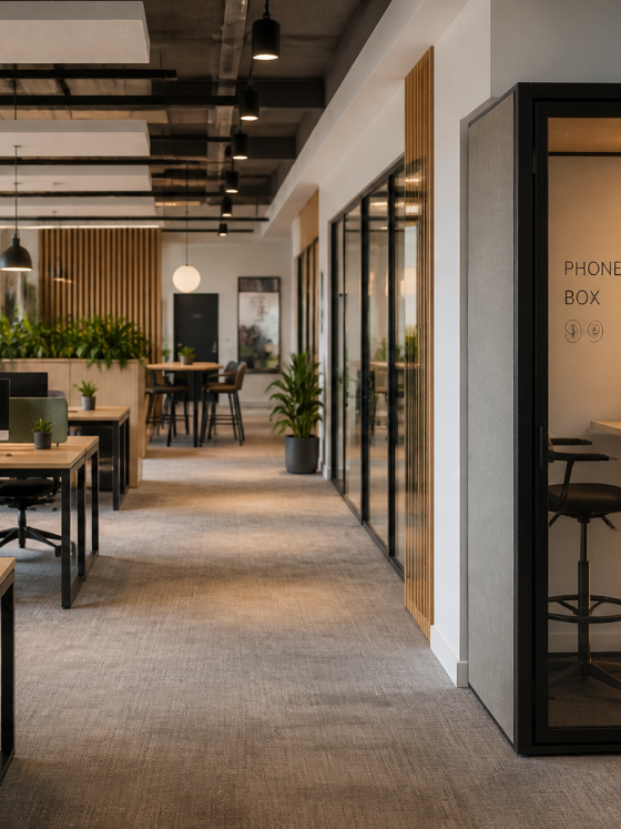 Aménagement bureau open space moderne avec bureaux partagés, cabines téléphoniques privées et plantes