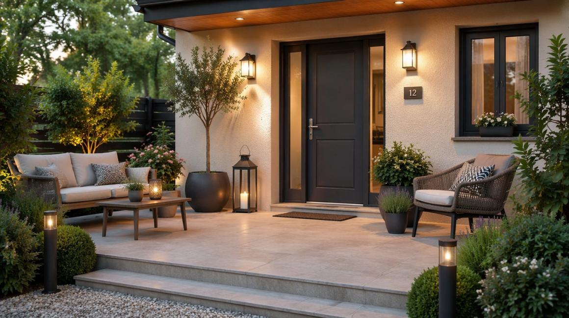 Entrée maison moderne aménagée avec fauteuil, canapé, table basse, lanternes allumées et plantes