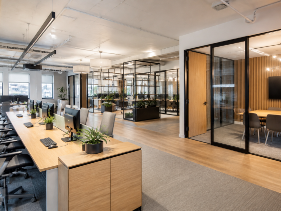 Aménagement d'entreprise avec espace open space, plantes et salles vitrées pour réunions