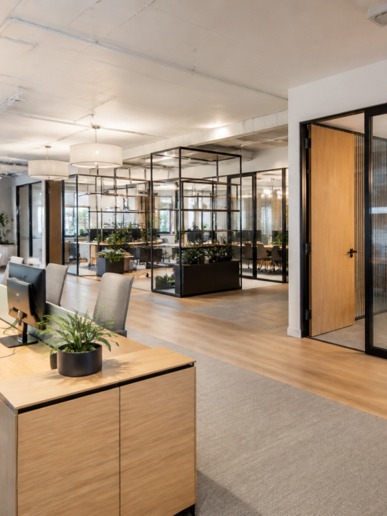 Aménagement d'entreprise avec espace open space, plantes et salles vitrées pour réunions