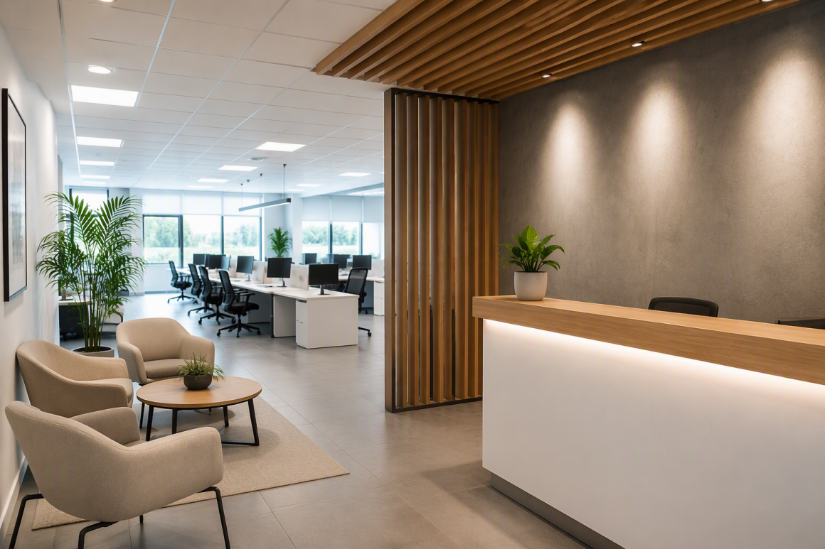 Entreprise aménagée avec un espace d'accueil, bureaux ouverts et plantes