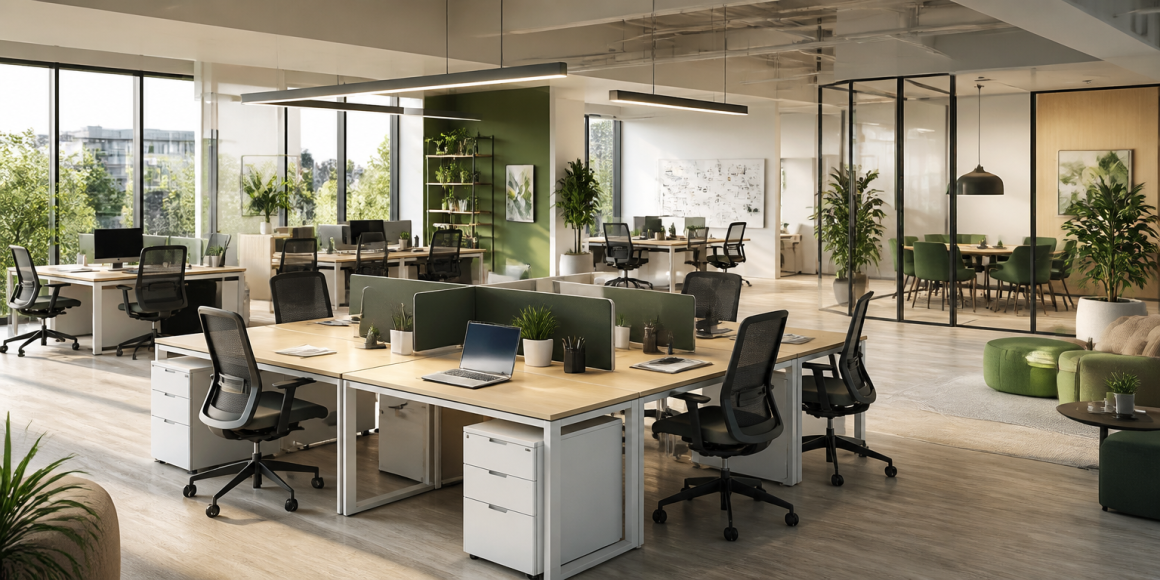Aménagement open space avec postes de travail partagés, chaises ergonomiques, plantes et zones vitrées de réunion