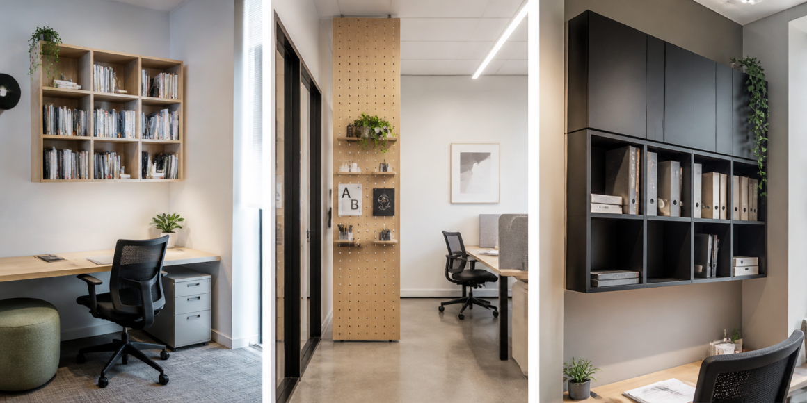Petits bureaux professionnels avec mobilier en bois clair, étagères organisées, chaises et plantes