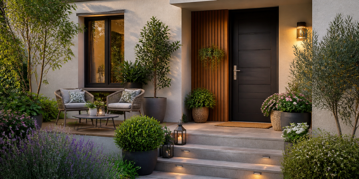 Entrée chaleureuse: porte noire moderne, marches éclairées, fauteuils tressés, lanternes et plantes