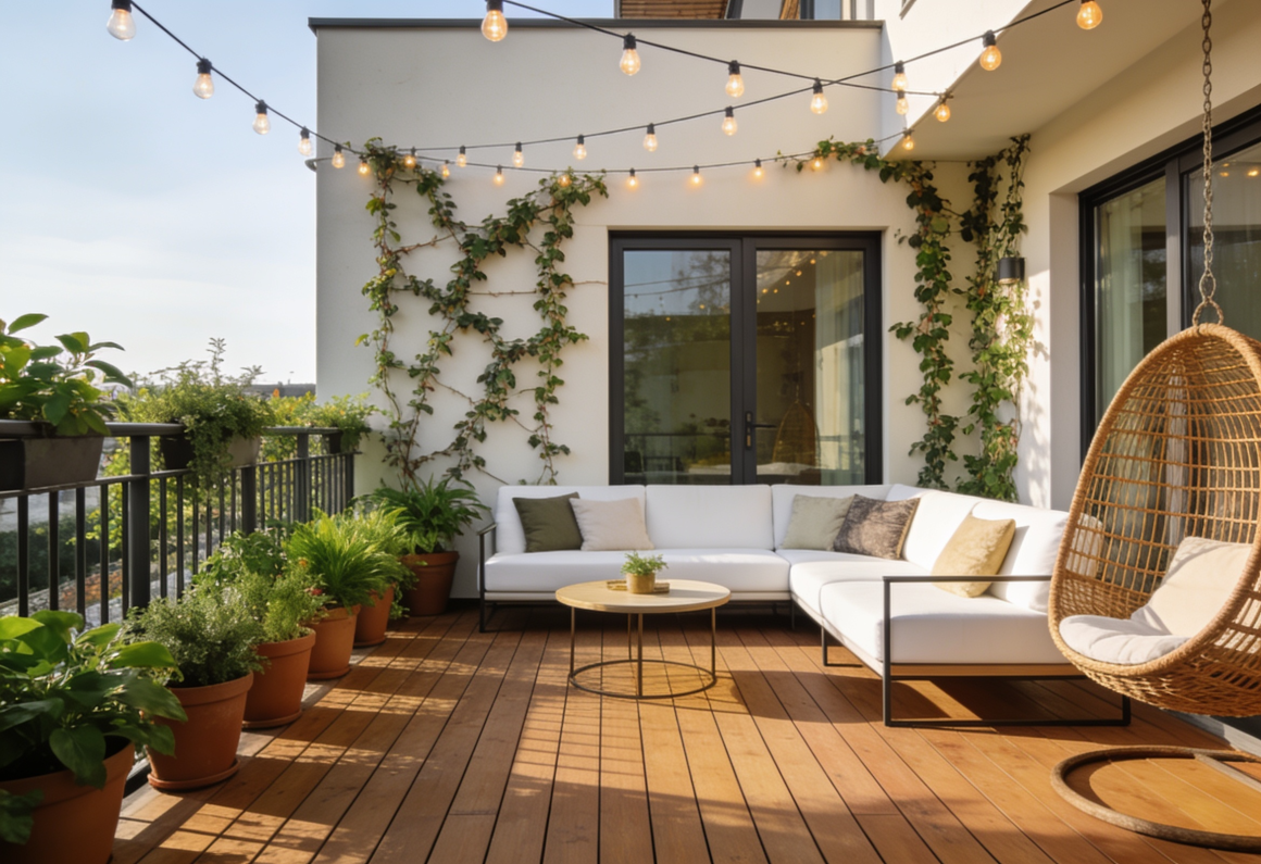 Canapé d'angle, fauteuil suspendu en osier, plantes, guirlandes lumineuses et table basse dans une terrasse en bois