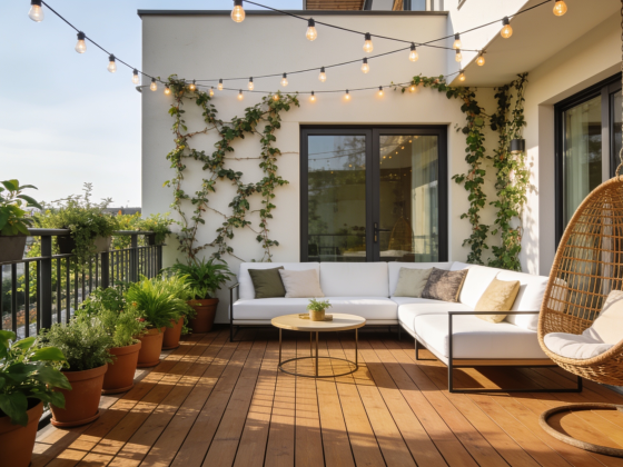 Canapé d'angle, fauteuil suspendu en osier, plantes, guirlandes lumineuses et table basse dans une terrasse en bois