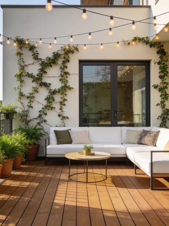 Canapé d'angle, fauteuil suspendu en osier, plantes, guirlandes lumineuses et table basse dans une terrasse en bois