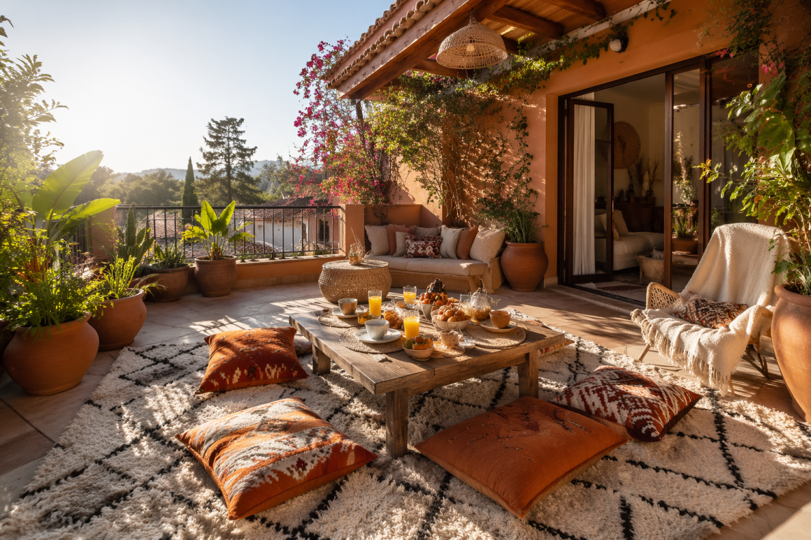 Terrasse 30m2 au style bohème incluant tapis, coussins, table basse rustique et plantes en pot