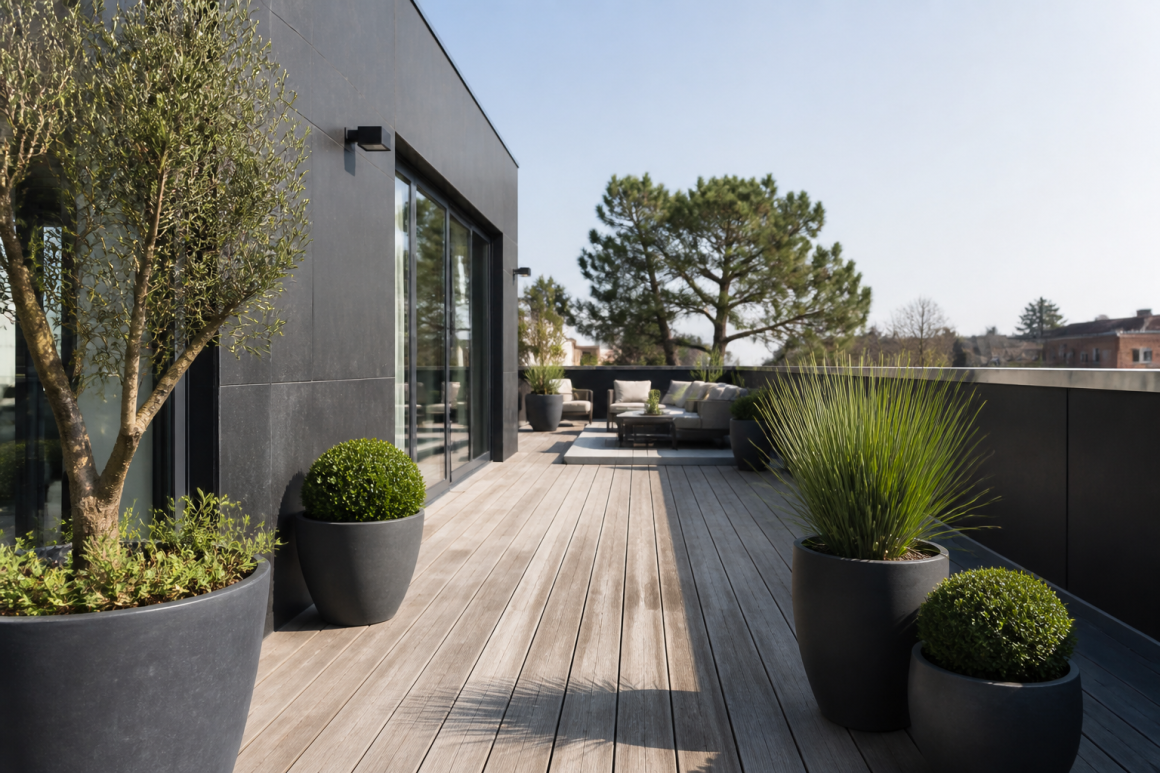 Terrasse en bois clair aménagée avec coin salon, pots graphiques et végétation soignée