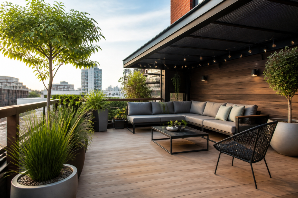 Terrasse urbaine aménagée avec canapé d'angle, plantes en pots, table basse, éclairage guinguette, et parquet clair