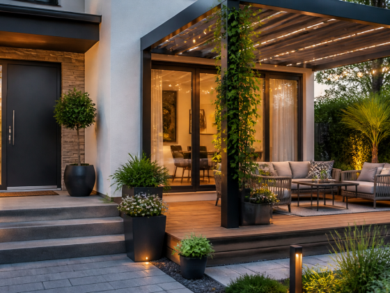 Aménagement terrasse devant maison éclairée avec pergola, plantes suspendues et salon